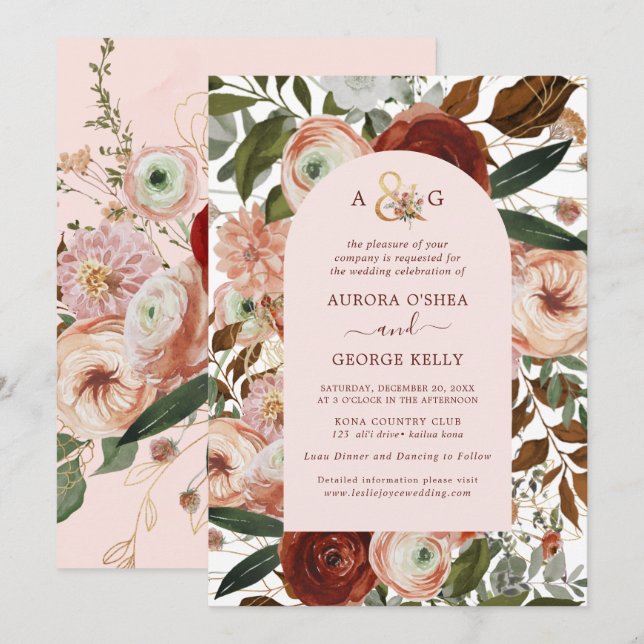 Invitación PixDezines Amor de Otoño H2 Rojo Marsala Flores In (Anverso / Reverso)