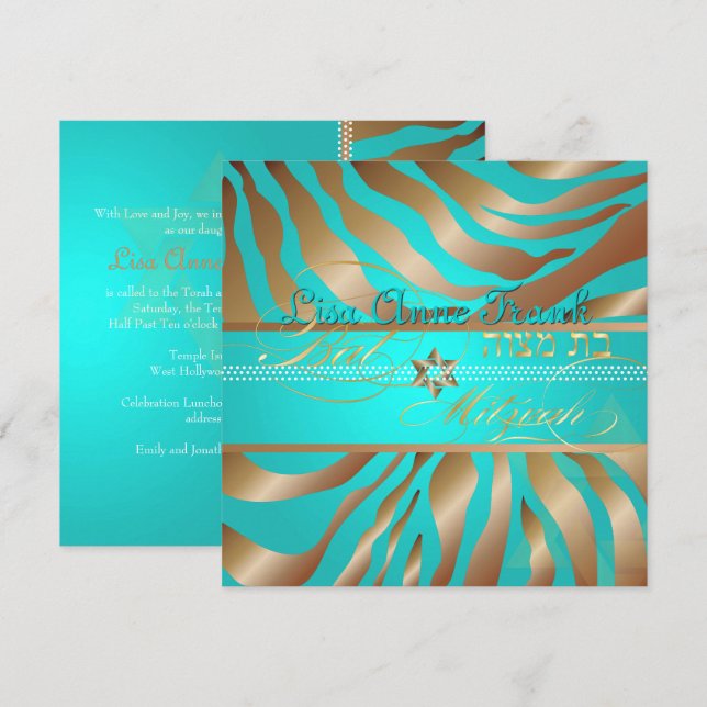 Invitación PixDezines Aqua+Tan Zebra Stripes, Bat Mitzvah (Anverso / Reverso)