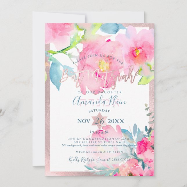 Invitación PixDezines Aquarela Floral Bat Mitzvah (Anverso)