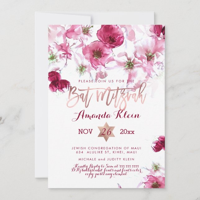 Invitación PixDezines Aquarela Floral Bat Mitzvah (Anverso)
