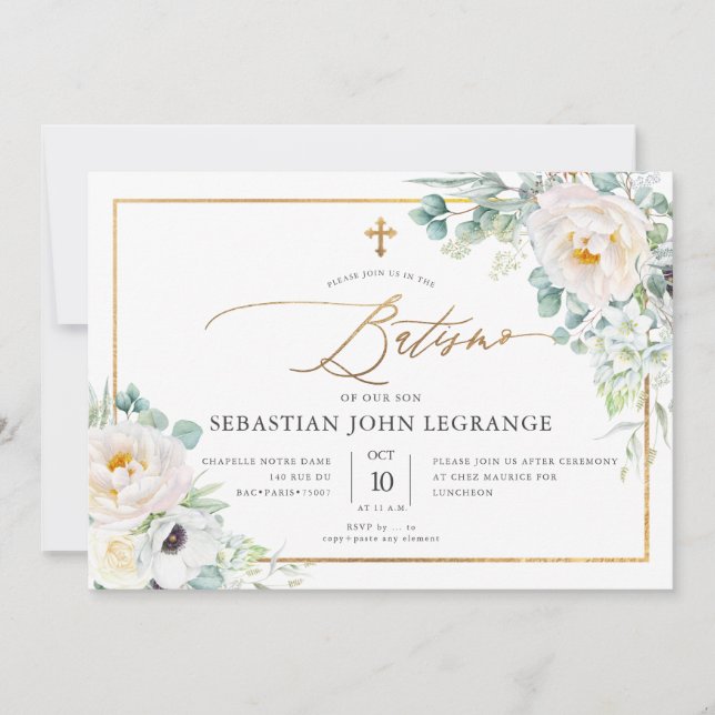 Invitación PixDezines AquarelaPeônias Eucalipto Batismo (Anverso)