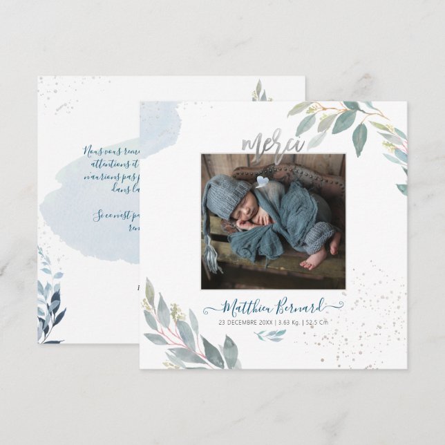 Invitación PixDezines Aquarelle Faire-part de NaaissanceGarço (Anverso / Reverso)