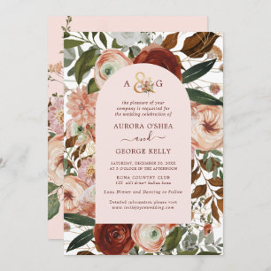 Invitación PixDezines Autumn Love H2 Marsala Flores rojas Inv