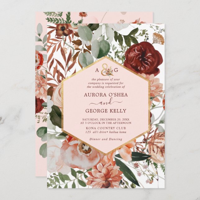 Invitación PixDezines Autumn Love H2 Marsala Flores rojas Inv (Anverso / Reverso)