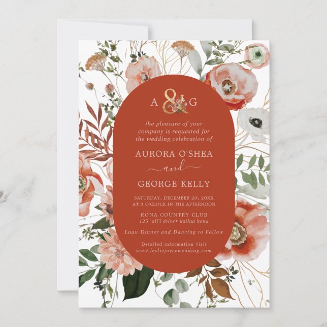 Invitación PixDezines Autumn Love H2 Marsala Flores rojas Inv (Anverso)