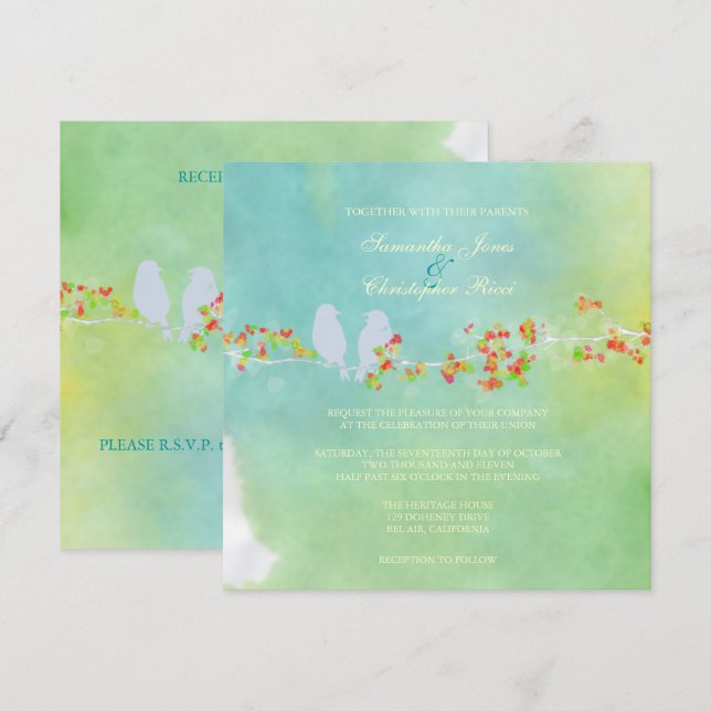 Invitación PixDezines Aves de amor originales en acuarela (Anverso / Reverso)