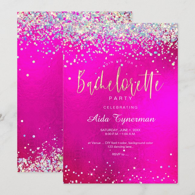 Invitación PixDezines Bachelorette Party Holographic Confetti (Anverso / Reverso)