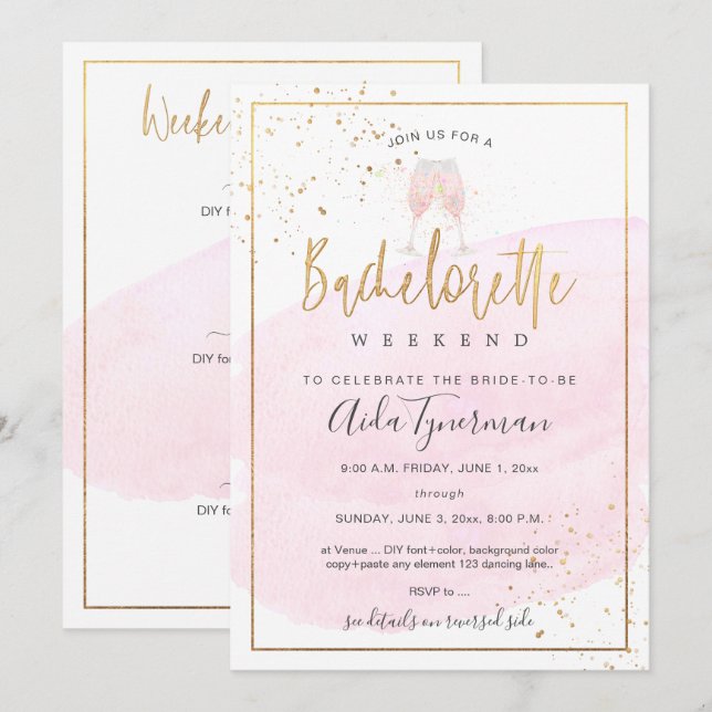Invitación PixDezines Bachelorette Weekend color rosa (Anverso / Reverso)
