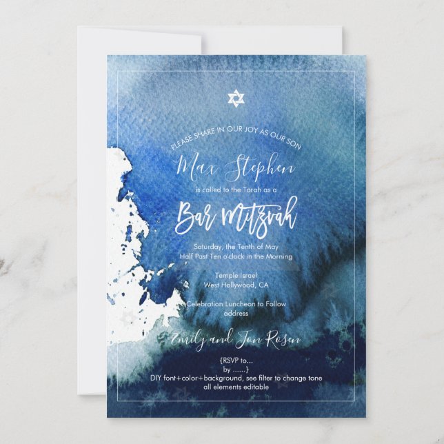 Invitación PixDezines Bar Mitzvah |Acuarela azul de la Marina (Reverso)