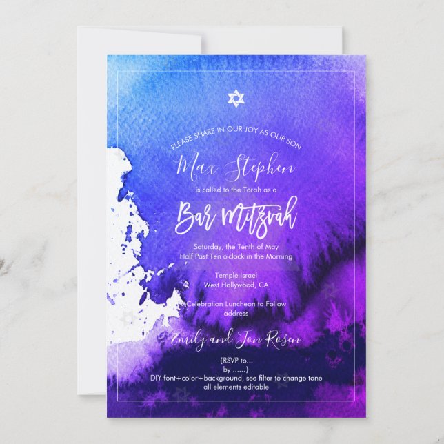 Invitación PixDezines Bar Mitzvah |Acuarela eléctrica púrpura (Reverso)