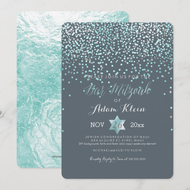 Invitación PixDezines Bar Mitzvah/Blue Confetti (Anverso / Reverso)