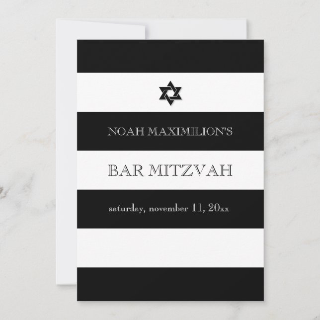Invitación PixDezines bar mitzvah en blanco/negro/rayas (Anverso)
