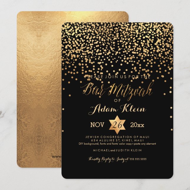 Invitación PixDezines Bar Mitzvah/Faux Gold Confetti (Anverso / Reverso)