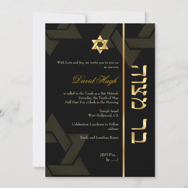 Invitación PixDezines Bar Mitzvah/hebreo/negro/oro (Anverso)