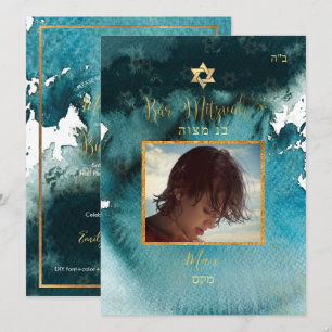 Invitación PixDezines Bar Mitzvah PhotoTeal Green Watercolor