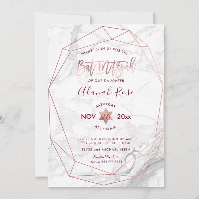 Invitación PixDezines Bat de Mármol Blanco Mitzvah/Oro Rosa (Reverso)