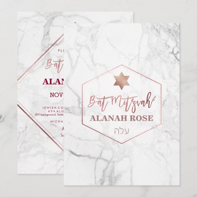 Invitación PixDezines Bat de Mármol Blanco Mitzvah/Oro Rosa (Anverso / Reverso)