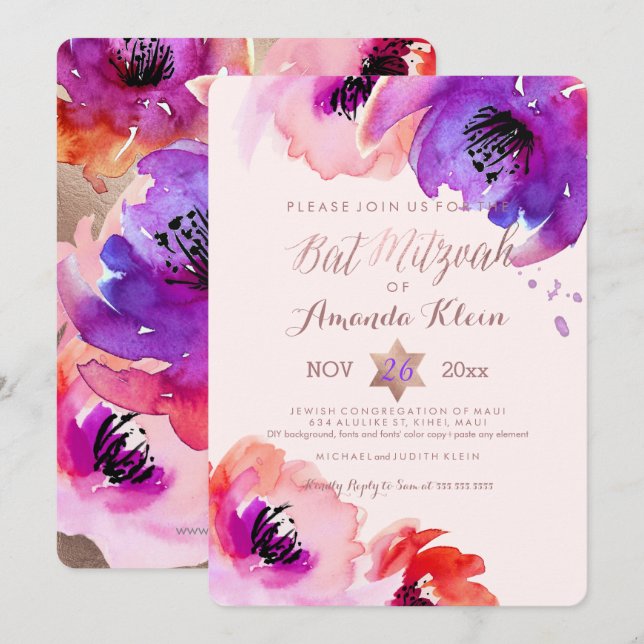 Invitación PixDezines ✡ Bat Mitzvah/acuarela floral (Anverso / Reverso)