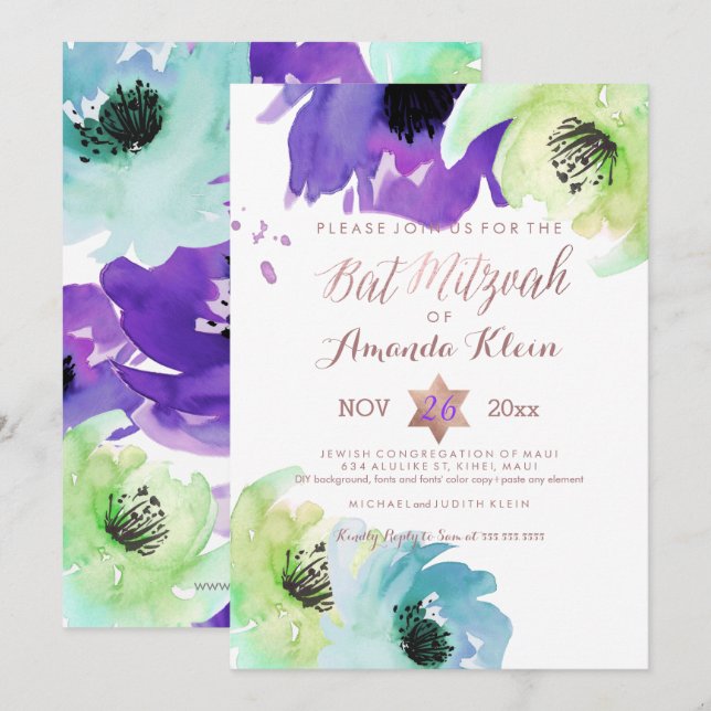 Invitación PixDezines ✡ Bat Mitzvah/acuarela floral (Anverso / Reverso)