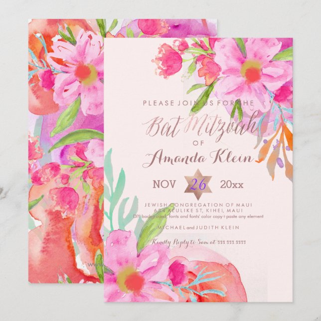 Invitación PixDezines ✡ Bat Mitzvah/acuarela floral (Anverso / Reverso)