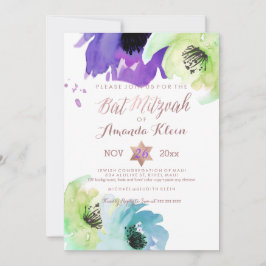 Invitación PixDezines ✡ Bat Mitzvah/ Aquarela Floral