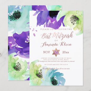Invitación PixDezines ✡ Bat Mitzvah/ Aquarela Floral