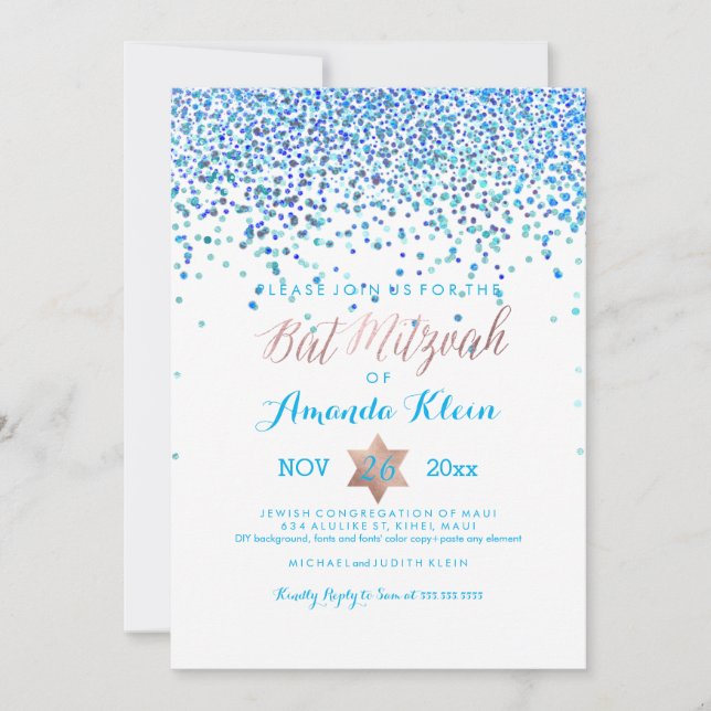 Invitación PixDezines Bat Mitzvah/Blue/Aqua/Verde azulado/Con (Anverso)