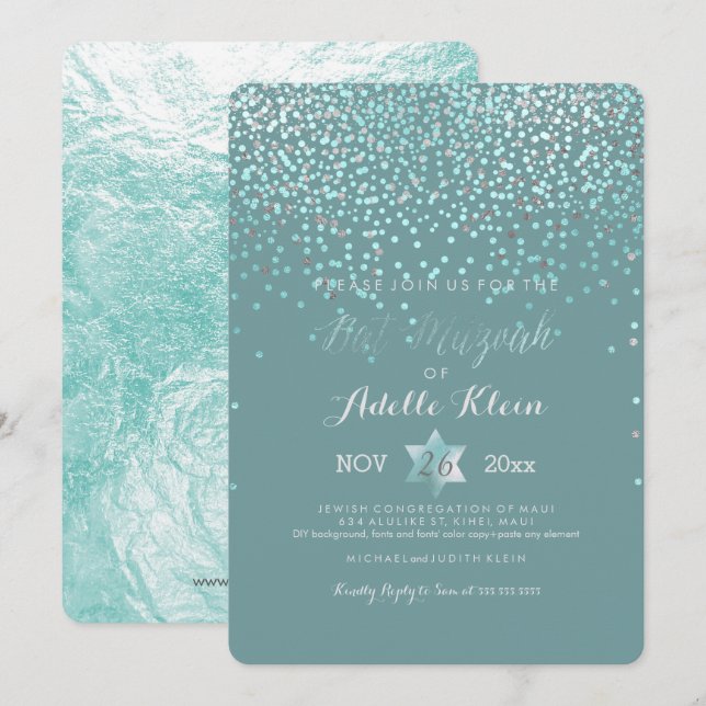 Invitación PixDezines Bat Mitzvah/Blue Confetti (Anverso / Reverso)