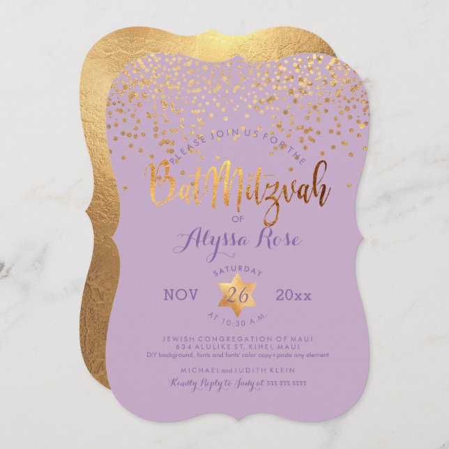 Invitación PixDezines Bat Mitzvah/Faux Gold Confetti (Anverso / Reverso)