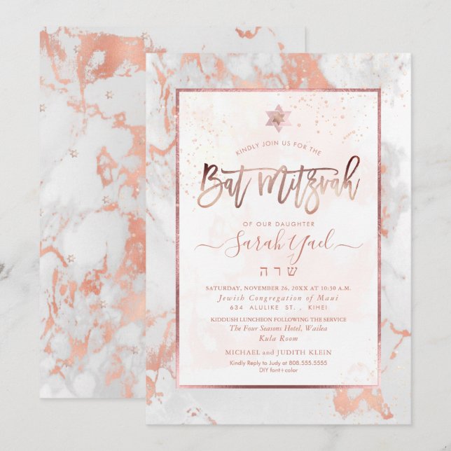 Invitación PixDezines Bat Mitzvah Marble Faux Rose Venas de o (Anverso / Reverso)