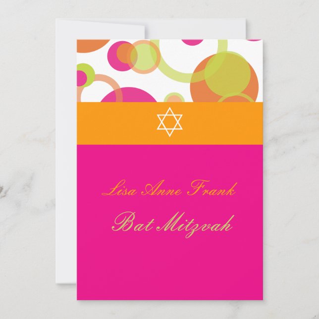 Invitación PixDezines Bat Mitzvah+Mod Bubbles/naranja/rosa ca (Anverso)