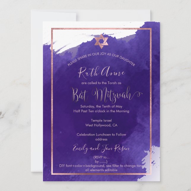 Invitación PixDezines Bat Mitzvah |Morado acuarela (Reverso)