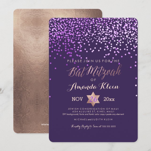 Invitación PixDezines Bat Mitzvah/Oro rosado/Rosa/Confetti (Anverso / Reverso)