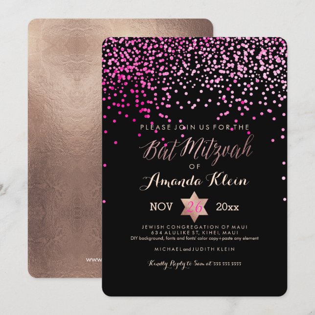 Invitación PixDezines Bat Mitzvah/Oro rosado/Rosa/Confetti (Anverso / Reverso)