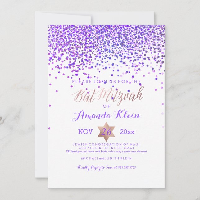 Invitación PixDezines Bat Mitzvah/Purple/Rosa de oro/Confetti (Anverso)
