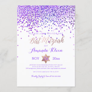 Invitación PixDezines Bat Mitzvah/Purple/Rosa de oro/Confetti