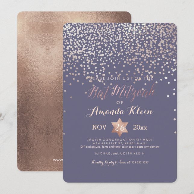 Invitación PixDezines Bat Mitzvah/Rosa de oro/Confetti (Anverso / Reverso)