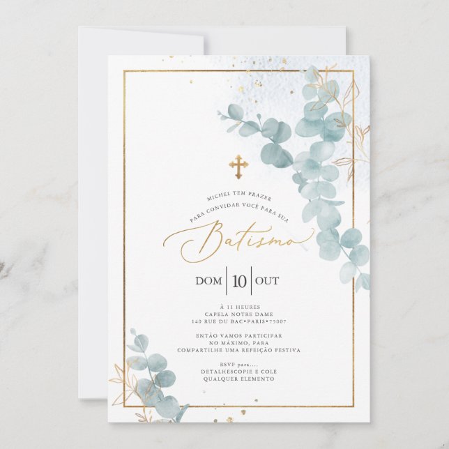 Invitación PixDezines Batismo de eucalipto Rtico em aquarel (Anverso)