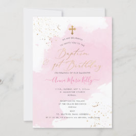 Invitación PixDezines Bautismo acuarela rosa+1er cumpleaños