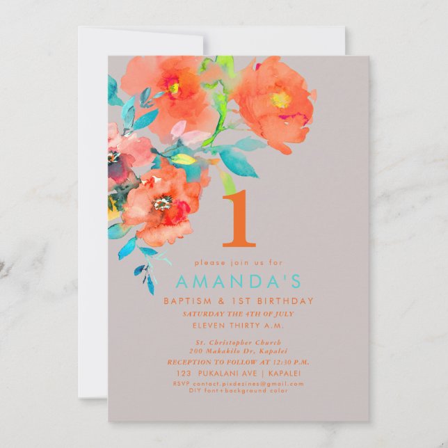 Invitación PixDezines Bautizo + Cumpleaños 1er año Flores Acu (Anverso)