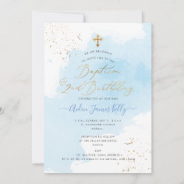 Invitación PixDezines Bautizo de Acuarela Azul + Cumpleaños 2