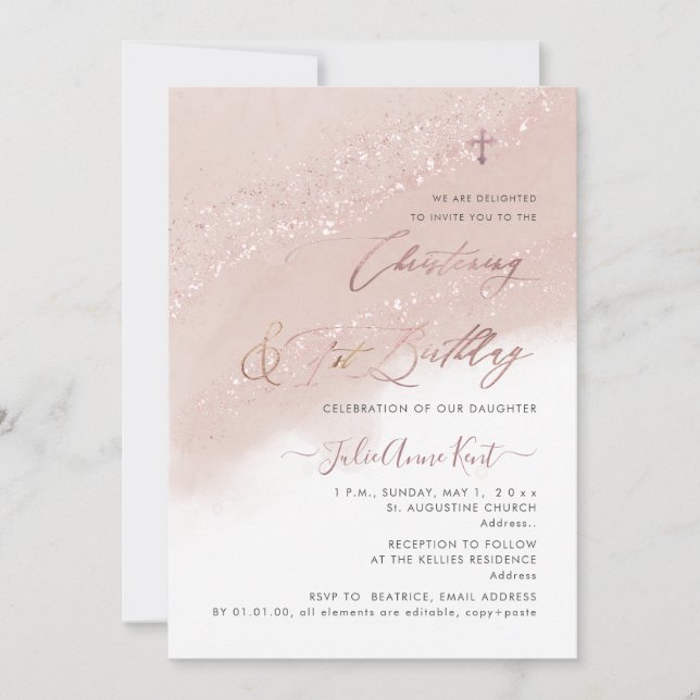Invitación PixDezines Bautizo de Rosa Dorada + Cumpleaños 1 (Anverso)