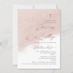 Invitación PixDezines Bautizo de Rosa Dorada + Cumpleaños 1
