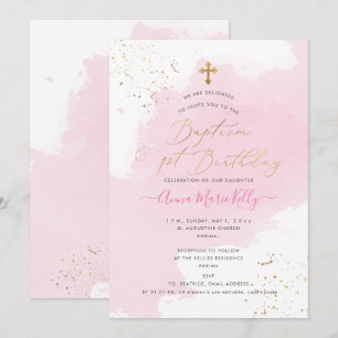 Invitación PixDezines Bautizo y Cumpleaños de Agua Rosa + 1er