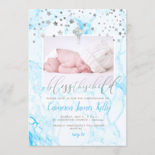 Invitación PixDezines BENDIGA A ESTE NIÑO, FAUX SILVER+MÁRMOL