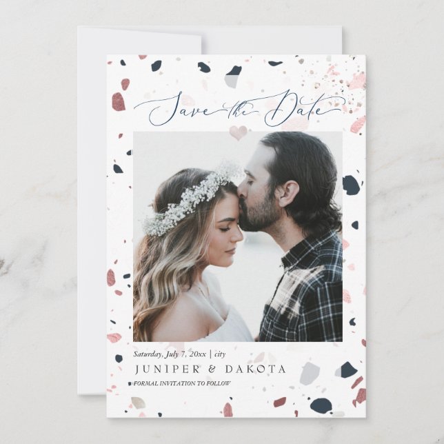 Invitación PixDezines Blue Blush Terrazzo, Fecha de guardado  (Anverso)