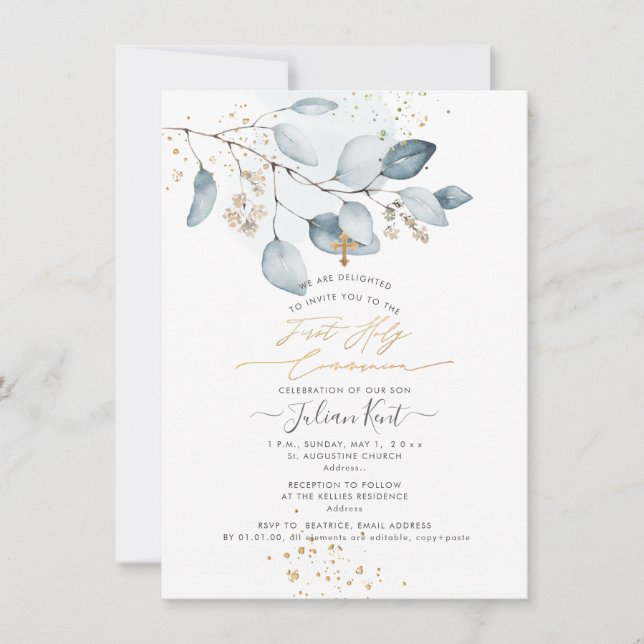 Invitación PixDezines Blue Gum Eucalyptus 1ª Santa Comunión (Anverso)