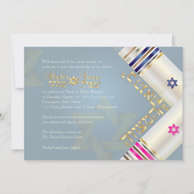 Invitación PixDezines Blue/Pink Tallits B'nai Mitzvah (Anverso)