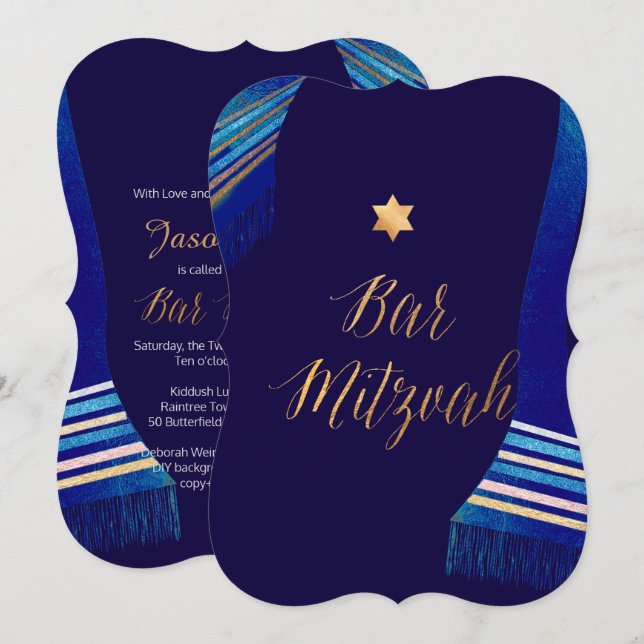 Invitación PixDezines ✡ Blue Tallit Bar Mitzvah (Anverso / Reverso)