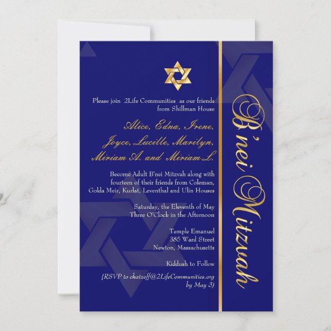 Invitación PixDezines B'Nei Mitzvah, oro+azul DIY (Anverso)